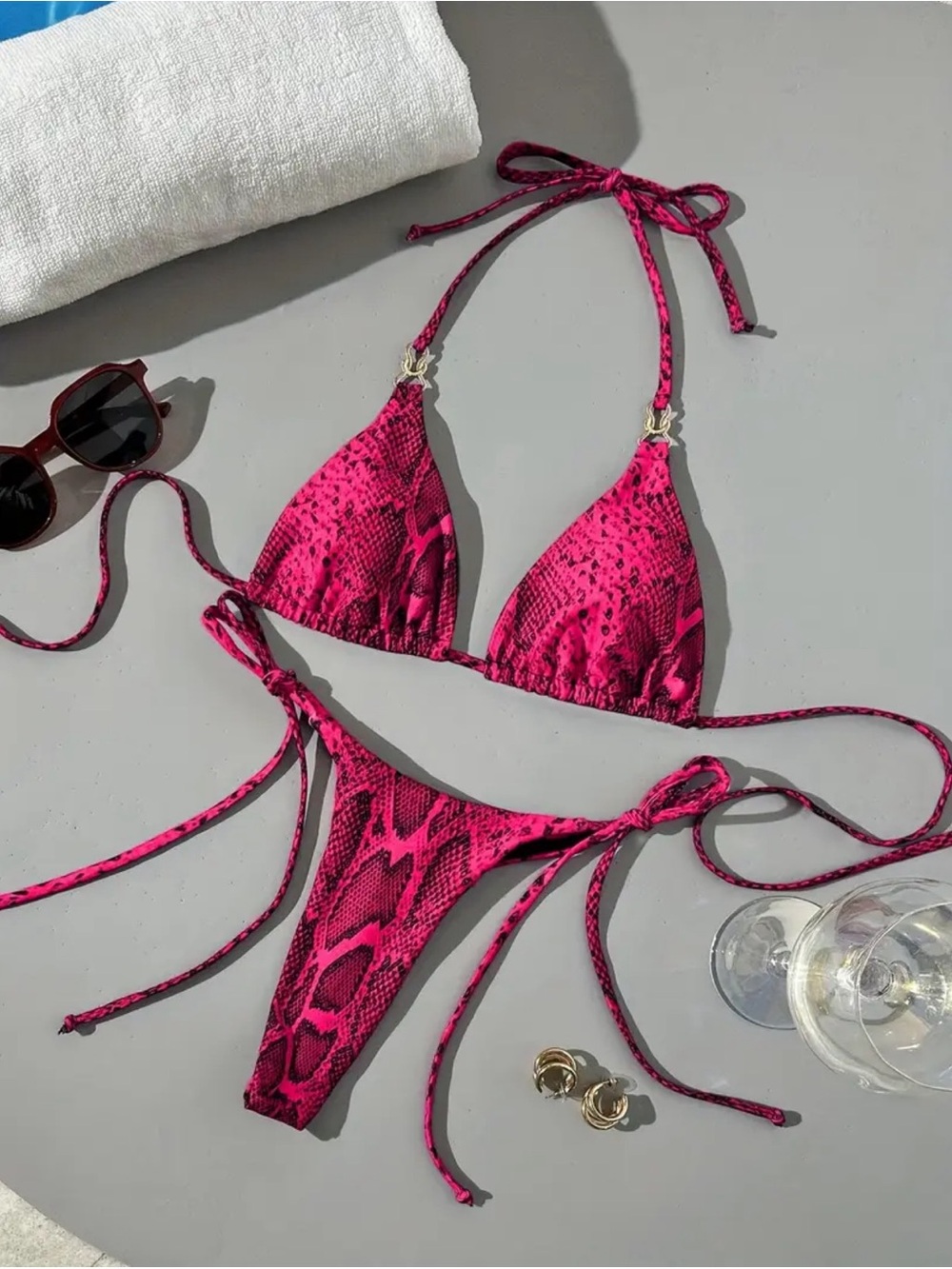 NWOT Sexy Dark Pink Animal Snakeskin Print Tri-Top Tie Side Bottom Thong Bikini